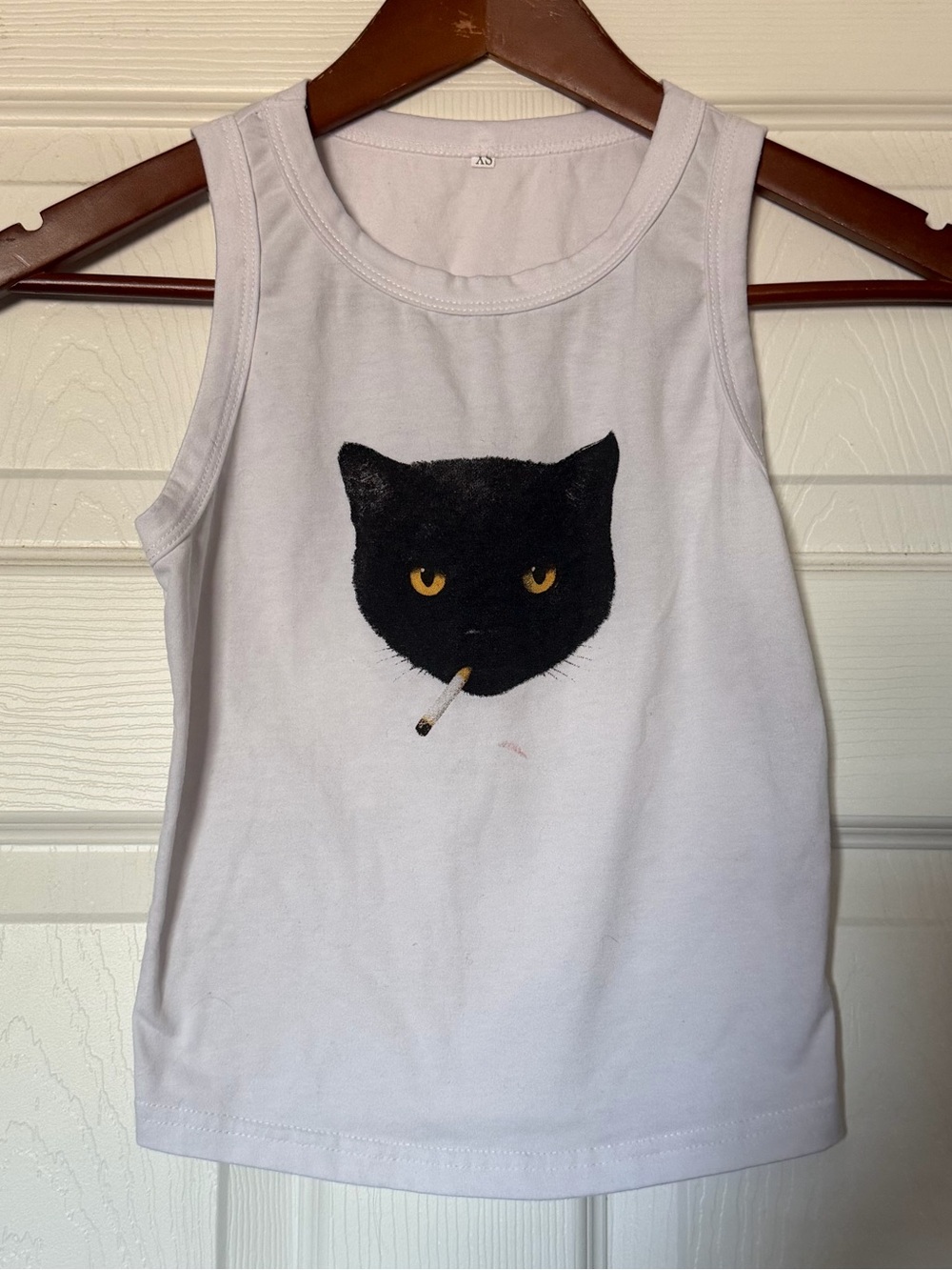 White Women's Tank Top with Smoking Black Cat Graphic